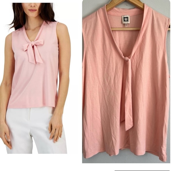 Boho Anne Klein Harmony Tie-Neck Sleeveless Shell Tank Top Pink Size L - Picture 1 of 9